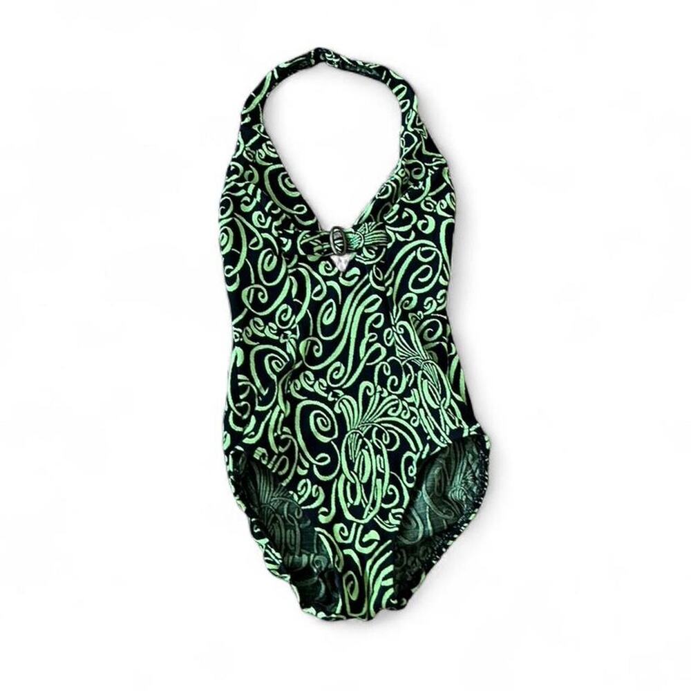 Vintage Sirena Lime Green & Black Abstract Halter One-Piece Swimsuit Size Medium
